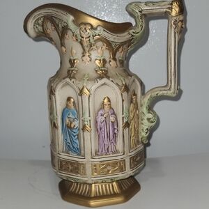 Vintage Gothic Cathedral Pitcher Medieval Religious Figures Gold Decor Signed